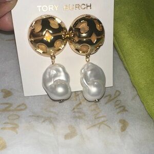 Tory Burch Gold and Cream Drop Earrings